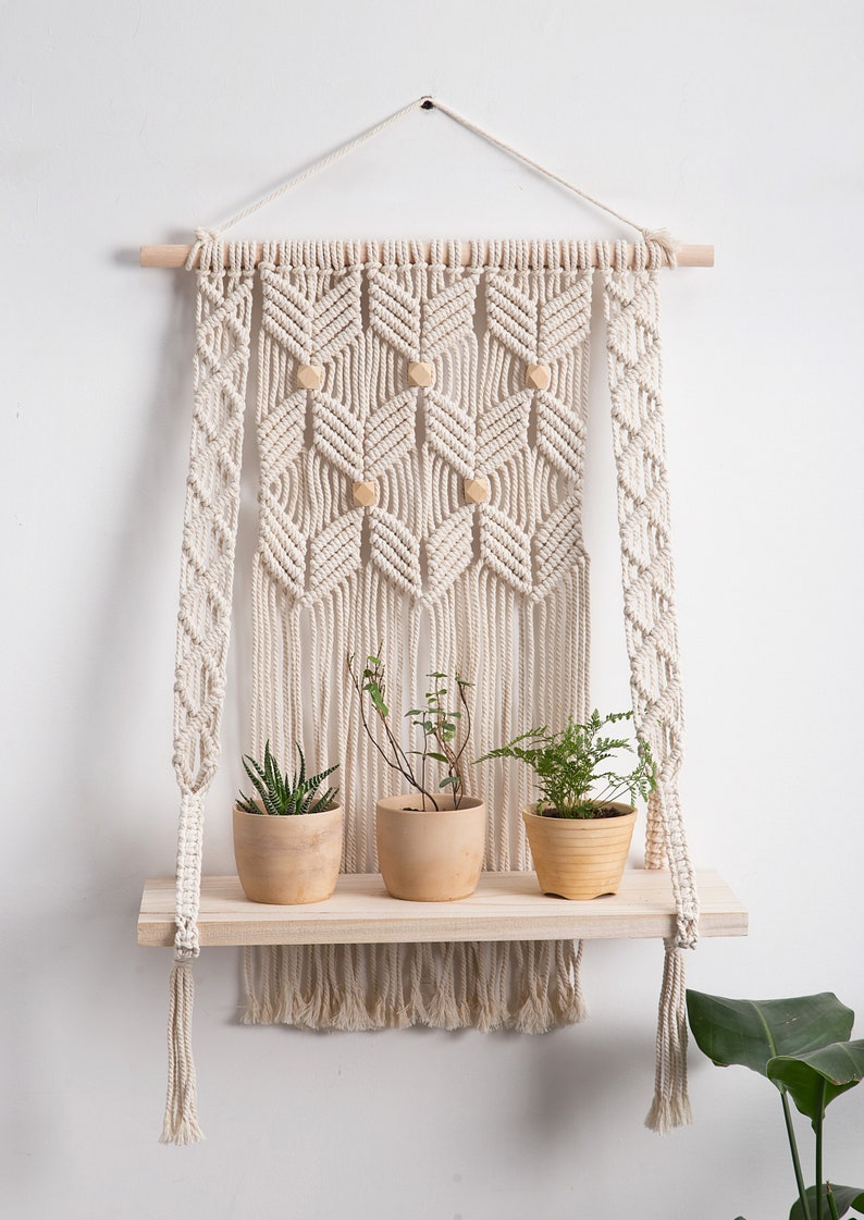Macrame Wall Shelf Hanging Rope Plant Shelf with Wood Slab, 15.74x27.56 inches, Rustic Farmhouse Boho Decor for Living Room Bedroom