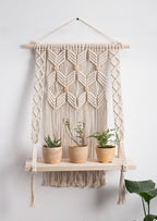 Macrame Wall Shelf Hanging Rope Plant Shelf with Wood Slab, 15.74x27.56 inches, Rustic Farmhouse Boho Decor for Living Room Bedroom