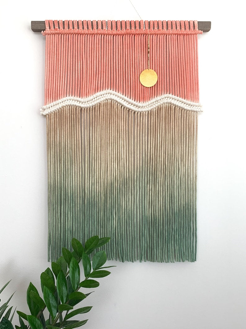 Sunset Macrame Wall Hanging, Moon Fiber Art Tapestry, Boho Dip Dye Constellation Wall Decor