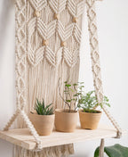 Macrame Wall Shelf Hanging Rope Plant Shelf with Wood Slab, 15.74x27.56 inches, Rustic Farmhouse Boho Decor for Living Room Bedroom