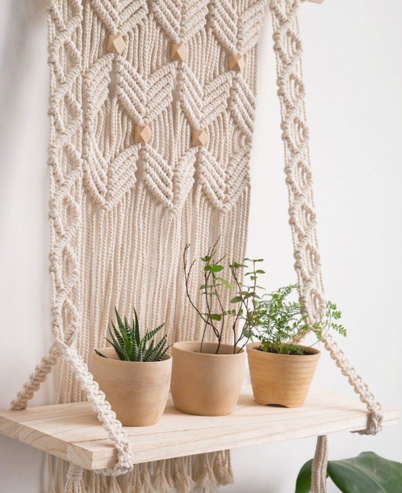 Macrame Wall Shelf Hanging Rope Plant Shelf with Wood Slab, 15.74x27.56 inches, Rustic Farmhouse Boho Decor for Living Room Bedroom