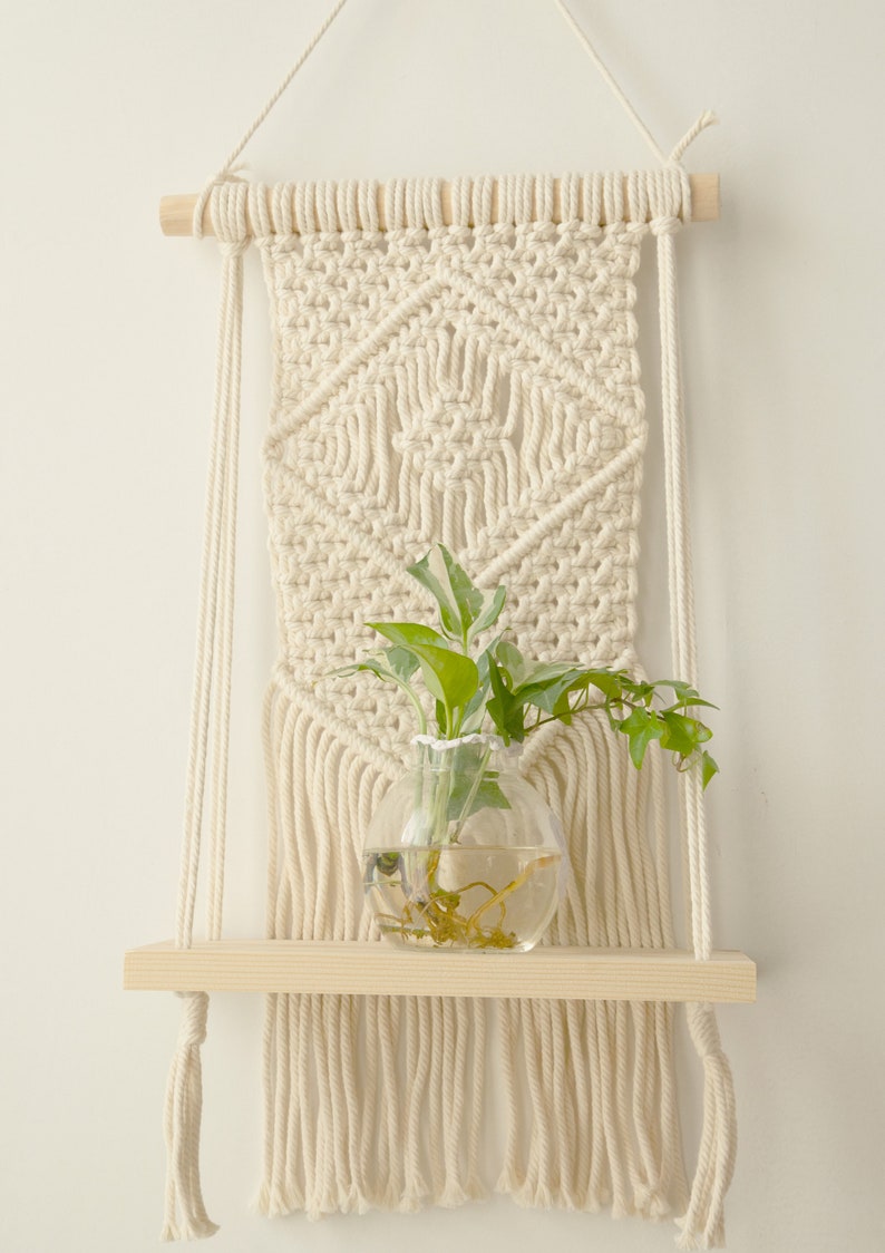 Macrame Wall Shelf Rope Hanging Shelf Rustic Wood Shelf Boho Kitchen Decor, 30 cm Wide