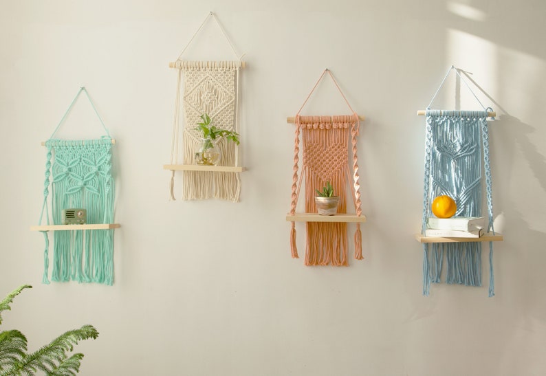 Macrame Wall Shelf Rope Hanging Shelf Rustic Wood Shelf Boho Kitchen Decor, 30 cm Wide