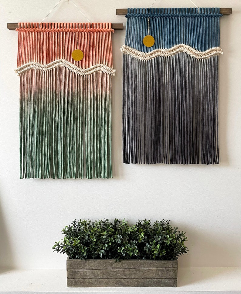 Sunset Macrame Wall Hanging, Moon Fiber Art Tapestry, Boho Dip Dye Constellation Wall Decor
