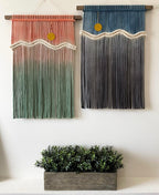 Sunset Macrame Wall Hanging, Moon Fiber Art Tapestry, Boho Dip Dye Constellation Wall Decor