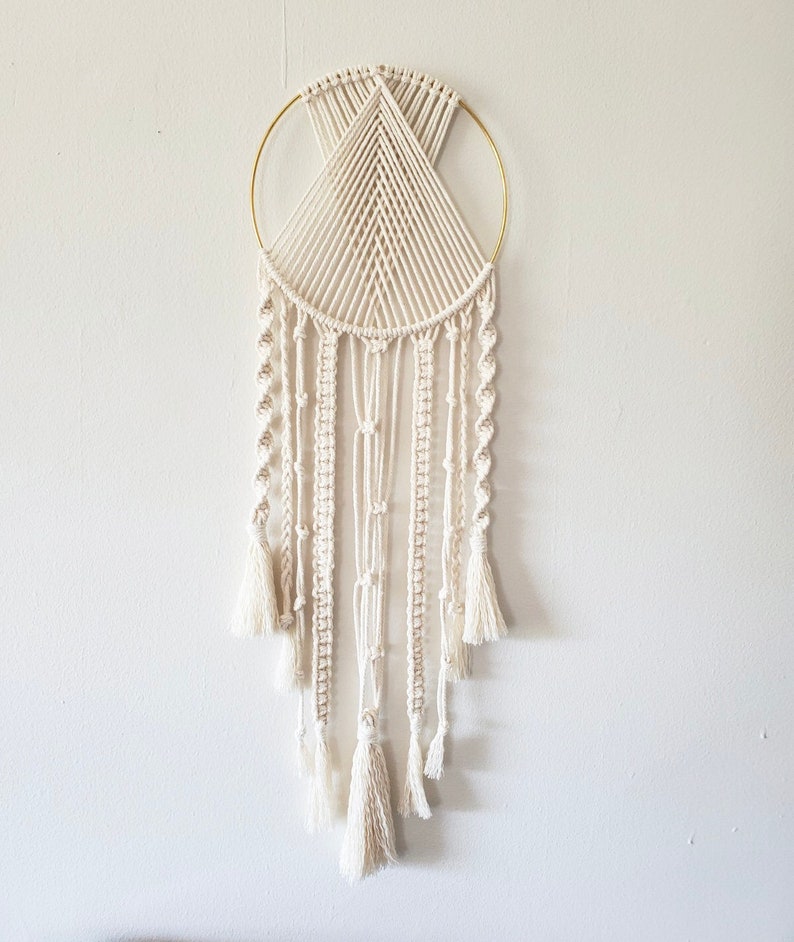 Macrame Dream Catcher Wall Hanging 8" Gold Ring with Tassels Bohemian Decor