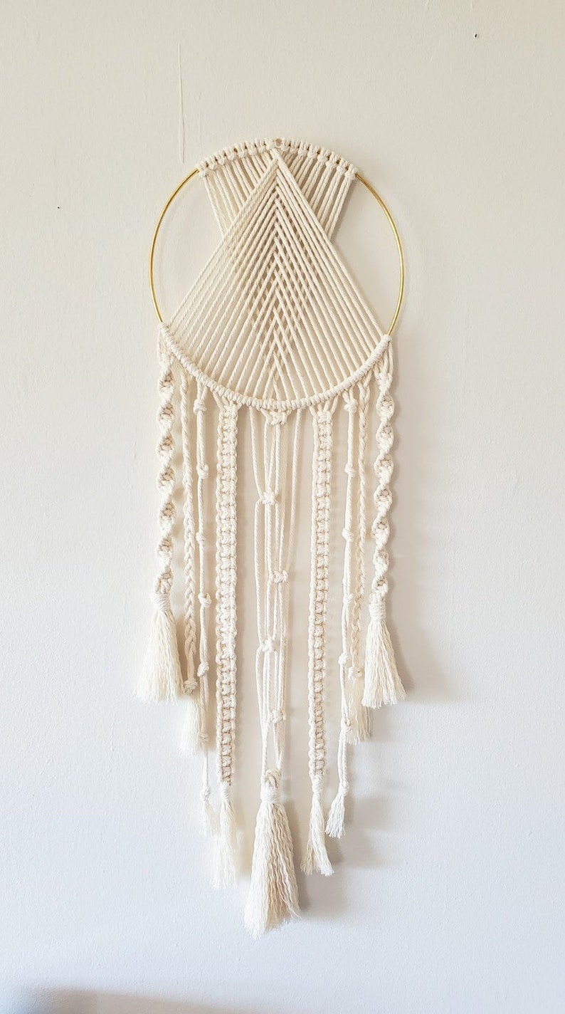 Macrame Dream Catcher Wall Hanging 8" Gold Ring with Tassels Bohemian Decor