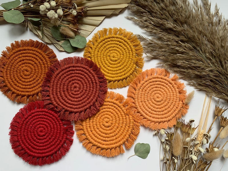 Macramé Coaster Set of 4, Handmade Cotton Cord, Bohemian Table Decor, Plant Pot Placemat, Absorbent, 5.5 inches
