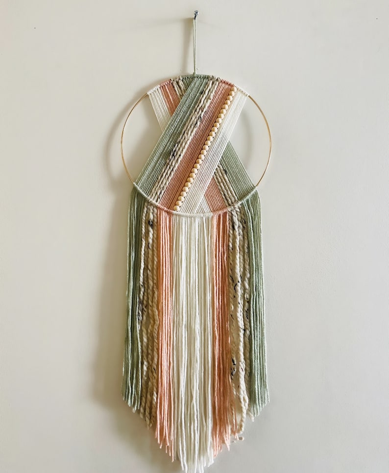 Light Green Pink Beaded Yarn Macrame Wall Hanging Dreamcatcher Hoop Decor