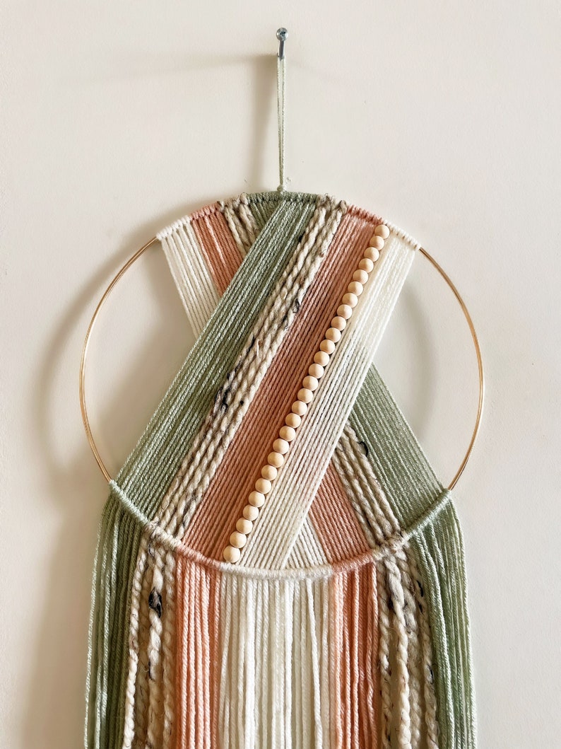 Light Green Pink Beaded Yarn Macrame Wall Hanging Dreamcatcher Hoop Decor