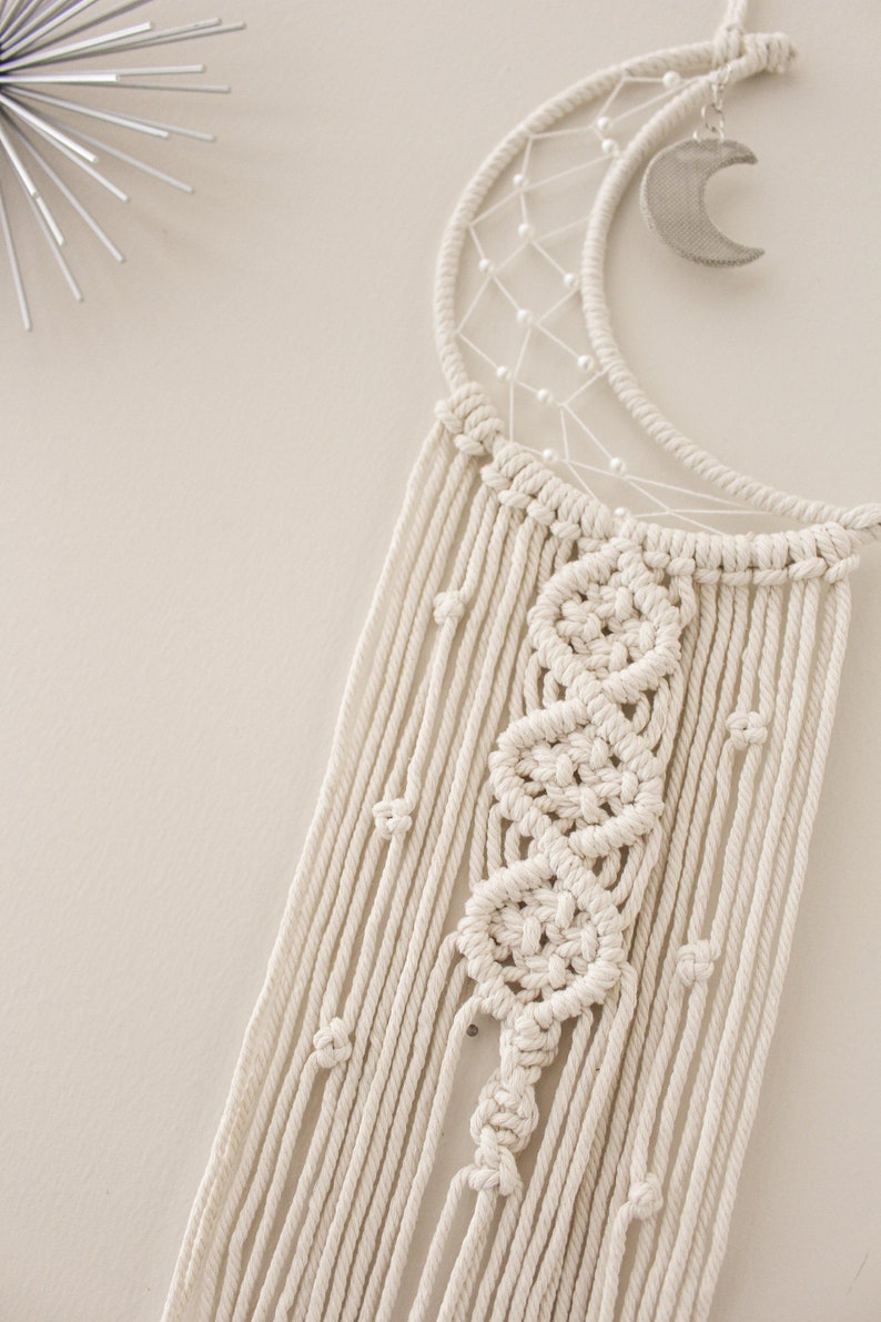Macrame Dreamcatcher Wall Hanging Crescent Moon Cotton Wood 7.8x38 Inches