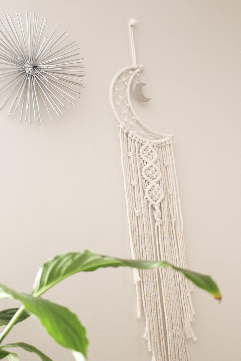 Macrame Dreamcatcher Wall Hanging Crescent Moon Cotton Wood 7.8x38 Inches