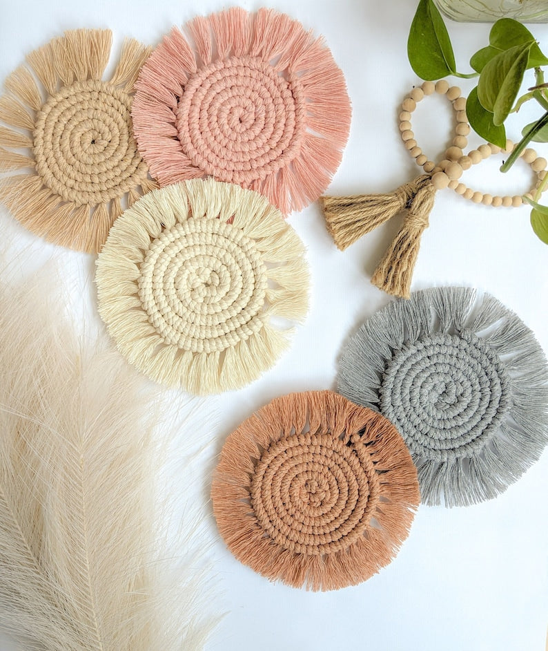 Macrame Coasters Set of 1, Boho Bar & Plant Mats, 100% Cotton, Earthy Tones, 5-6 inch
