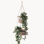 Two-Tier Jute Macrame Hanging Basket with Wood Accents, Natural Fiber Plant or Fruit Storage