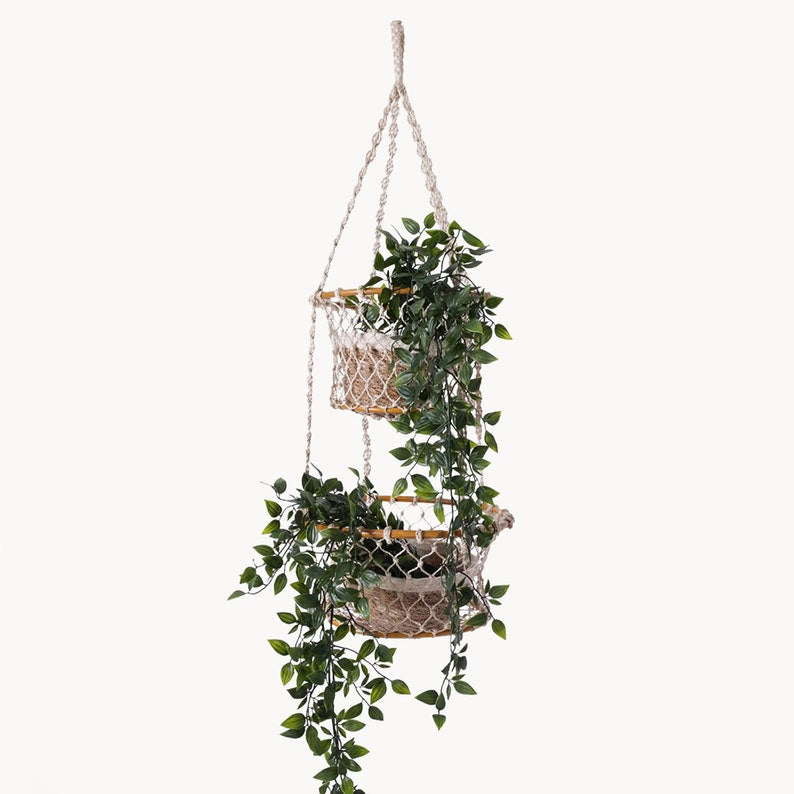 Two-Tier Jute Macrame Hanging Basket with Wood Accents, Natural Fiber Plant or Fruit Storage