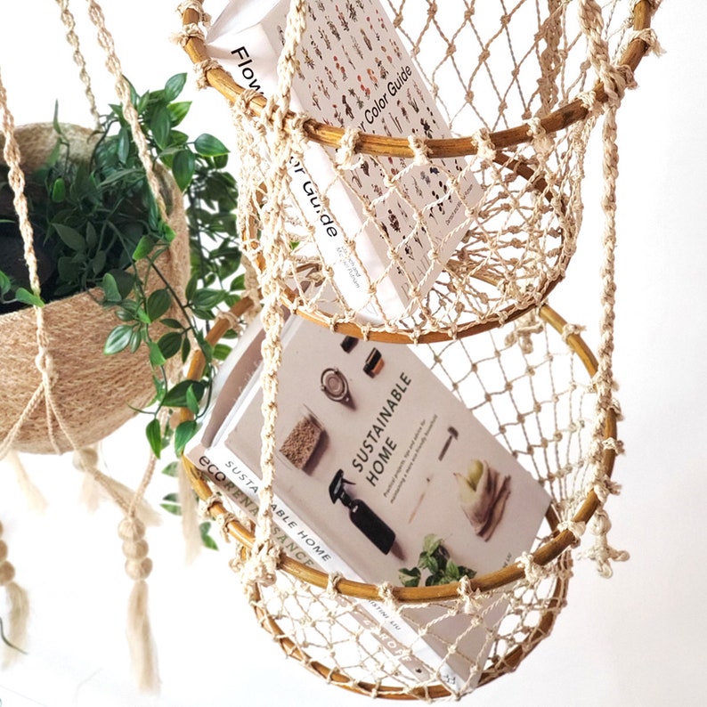 Two-Tier Jute Macrame Hanging Basket with Wood Accents, Natural Fiber Plant or Fruit Storage