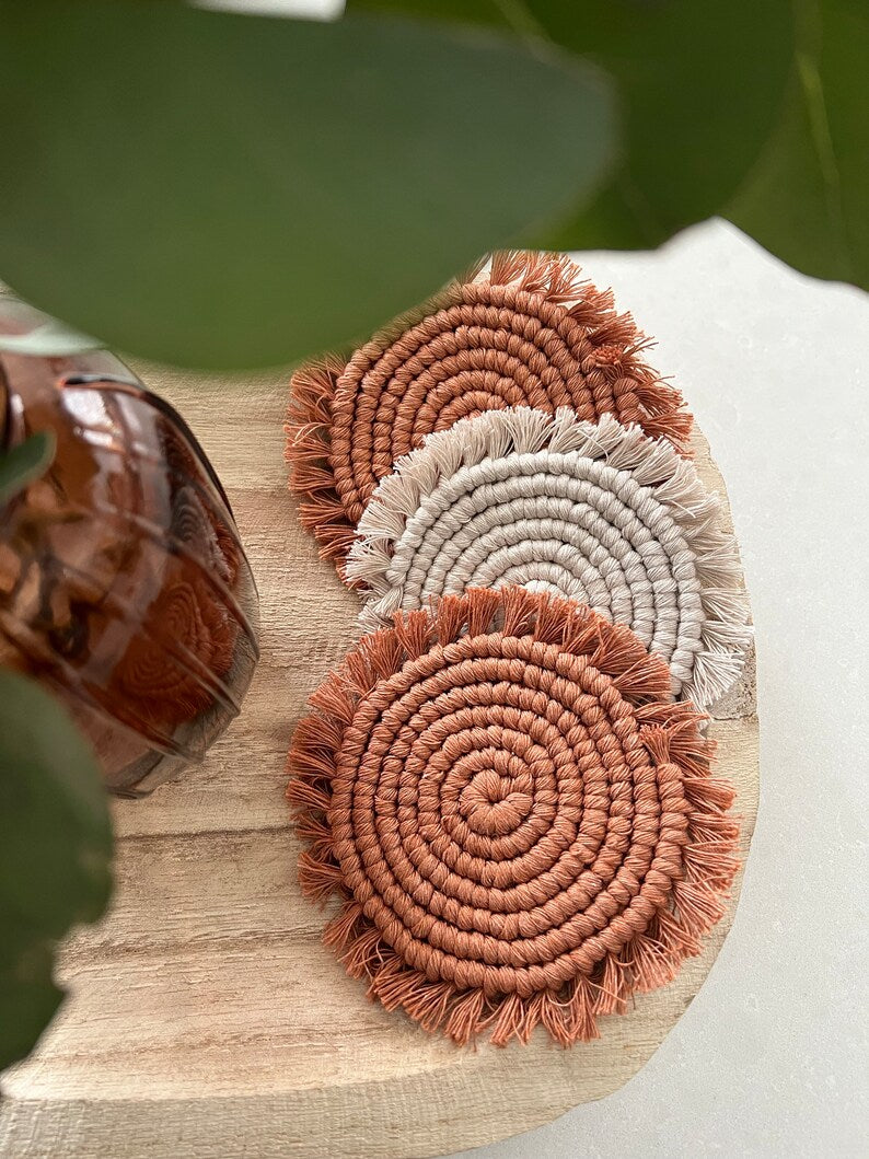 Macramé Coaster Set of 4, Handmade Cotton Cord, Bohemian Table Decor, Plant Pot Placemat, Absorbent, 5.5 inches