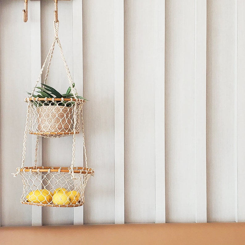 Two-Tier Jute Macrame Hanging Basket with Wood Accents, Natural Fiber Plant or Fruit Storage