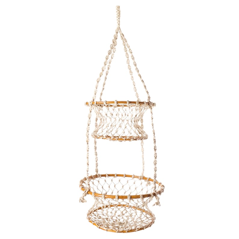 Two-Tier Jute Macrame Hanging Basket with Wood Accents, Natural Fiber Plant or Fruit Storage