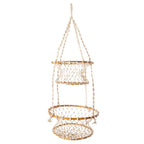 Two-Tier Jute Macrame Hanging Basket with Wood Accents, Natural Fiber Plant or Fruit Storage