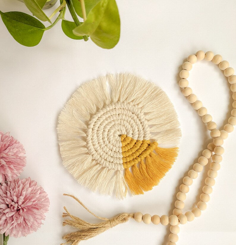 Two-Toned Fringe Coasters Set of 4 - Boho Macrame Bar & Coffee Table Decor, 5-6 inch, Cotton