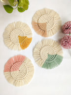 Two-Toned Fringe Coasters Set of 4 - Boho Macrame Bar & Coffee Table Decor, 5-6 inch, Cotton