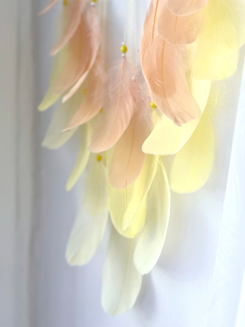 Large Lemon & Cream Feather Dream Catcher Wall Hanging, 8 Inch Diameter