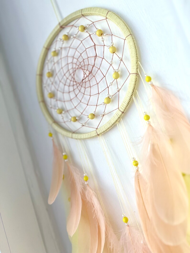 Large Lemon & Cream Feather Dream Catcher Wall Hanging, 8 Inch Diameter