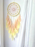 Large Lemon & Cream Feather Dream Catcher Wall Hanging, 8 Inch Diameter