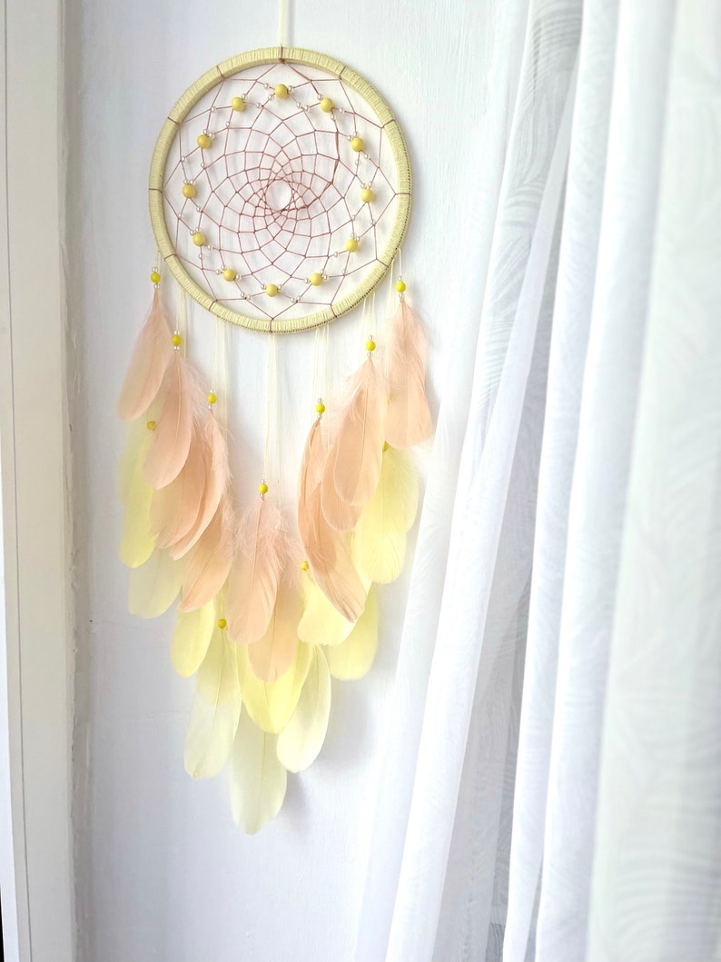 Large Lemon & Cream Feather Dream Catcher Wall Hanging, 8 Inch Diameter