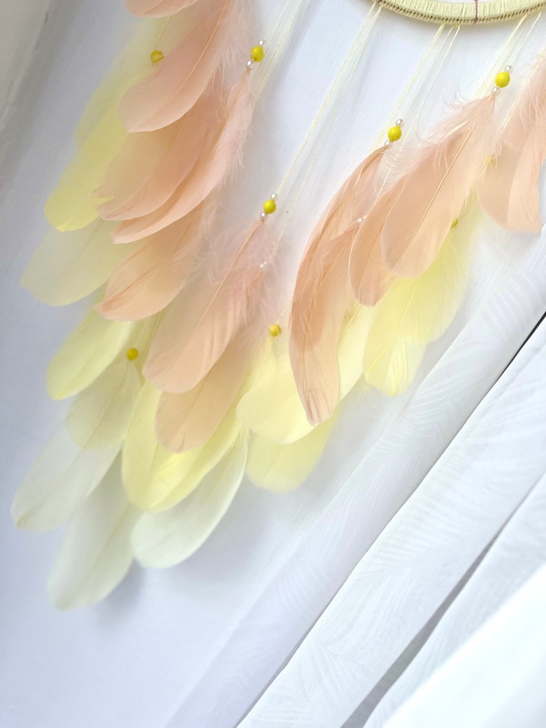 Large Lemon & Cream Feather Dream Catcher Wall Hanging, 8 Inch Diameter