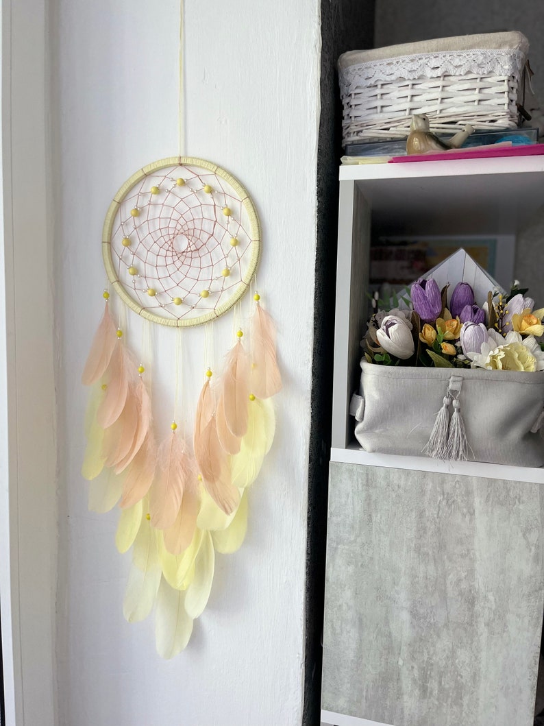 Large Lemon & Cream Feather Dream Catcher Wall Hanging, 8 Inch Diameter