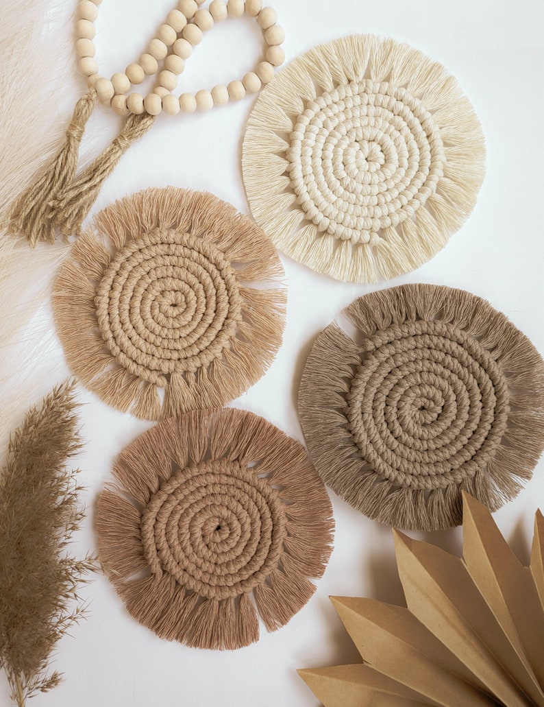 Macrame Coasters Set of 1, Boho Bar & Plant Mats, 100% Cotton, Earthy Tones, 5-6 inch