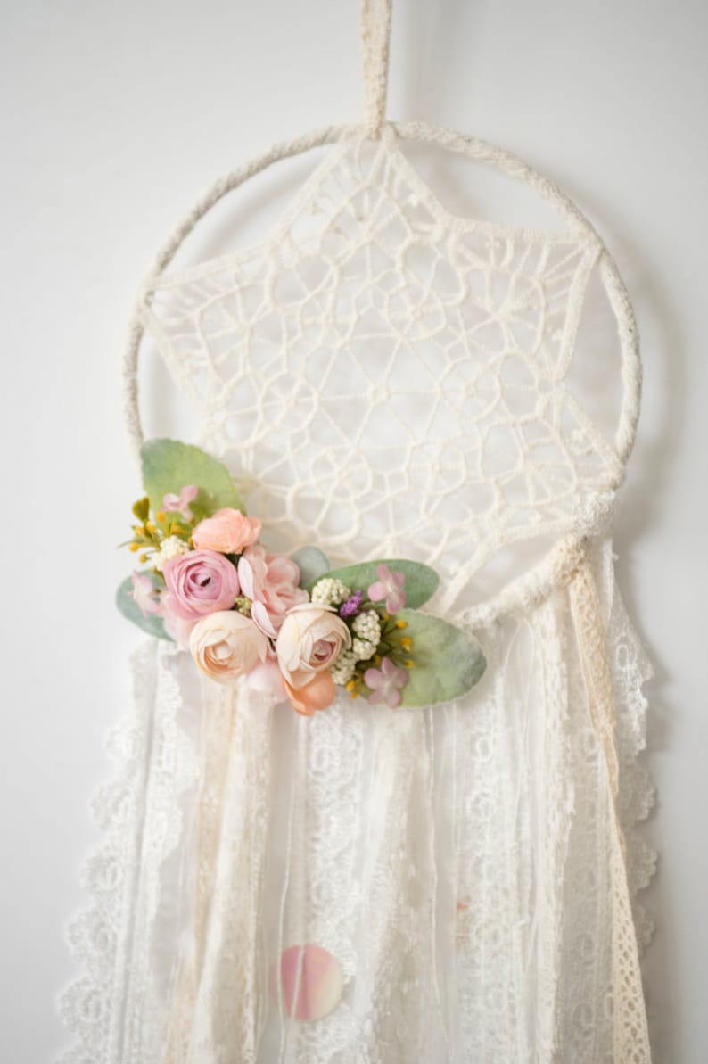 Bohemian Macrame Dreamcatcher with 6-Pointed Star, Lace Tassels, Seasonal Floral Accents