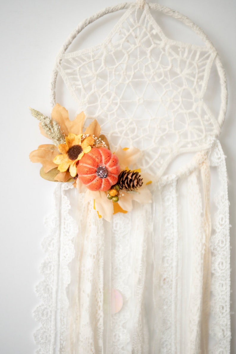 Bohemian Macrame Dreamcatcher with 6-Pointed Star, Lace Tassels, Seasonal Floral Accents