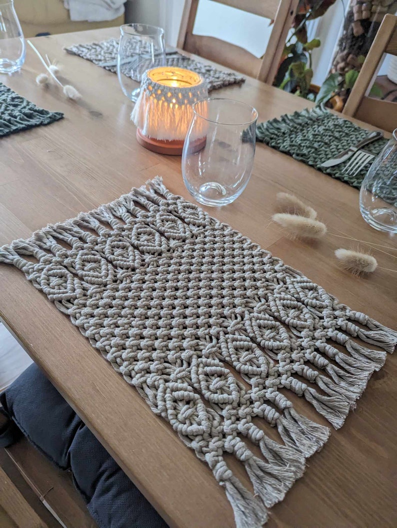 Macrame Placemat Lotus - Boho Table Decor, Scandi Style, 22cm x 35cm, Recycled Cotton
