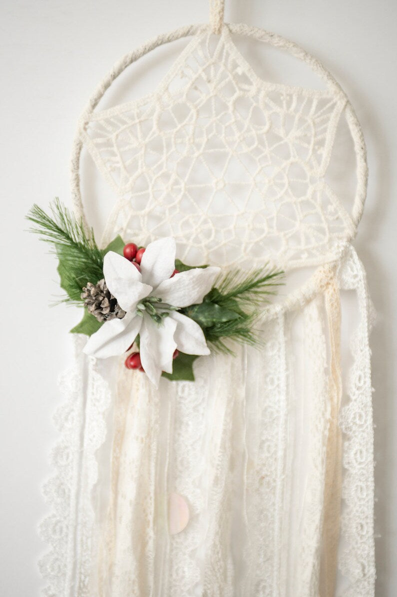 Bohemian Macrame Dreamcatcher with 6-Pointed Star, Lace Tassels, Seasonal Floral Accents