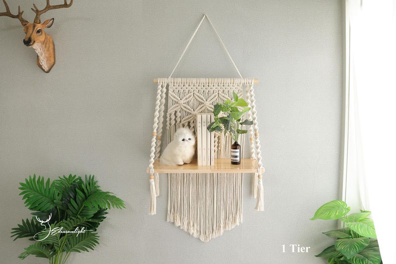Bohemian Macrame Hanging Shelf 1 Tier Natural Cotton Wall Mounted for Plants Books Crafts 50cm
