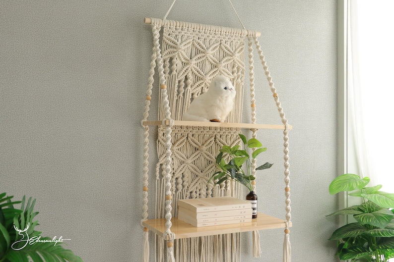 Bohemian Macrame Hanging Shelf 1 Tier Natural Cotton Wall Mounted for Plants Books Crafts 50cm