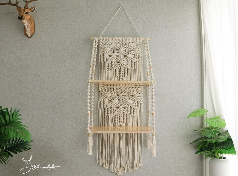 Bohemian Macrame Hanging Shelf 1 Tier Natural Cotton Wall Mounted for Plants Books Crafts 50cm
