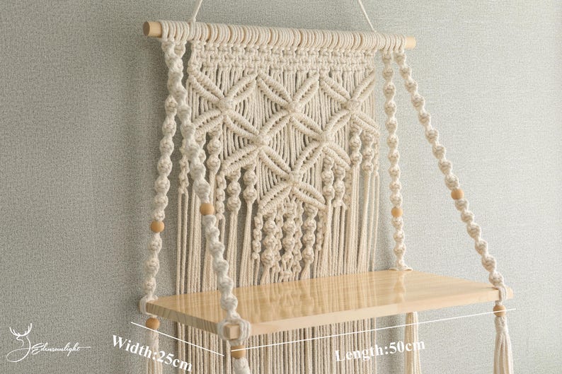 Bohemian Macrame Hanging Shelf 1 Tier Natural Cotton Wall Mounted for Plants Books Crafts 50cm