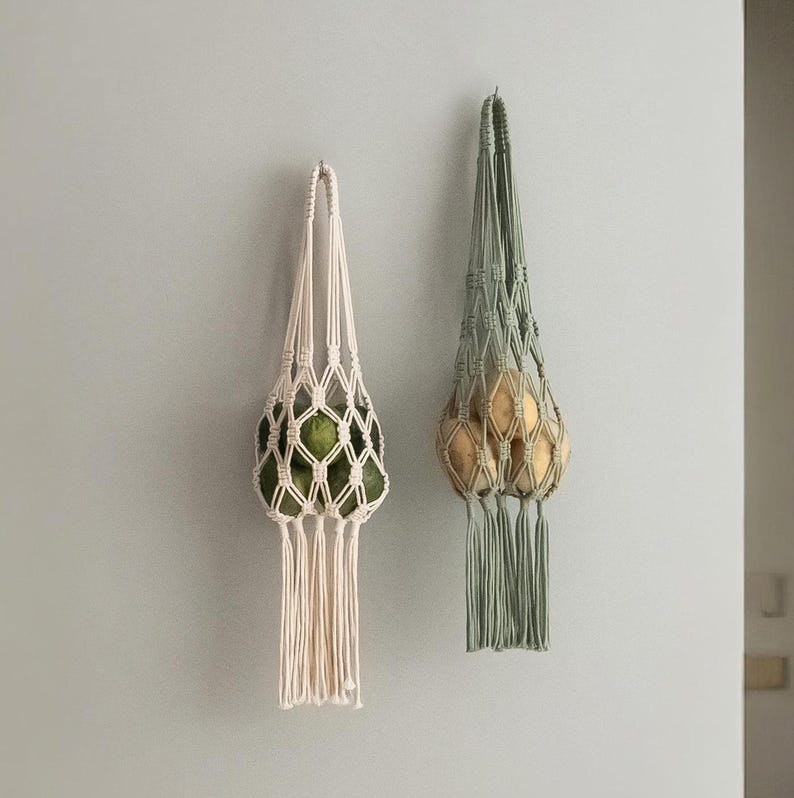 Macrame Hanging Fruit Basket Boho Wall Decor, Cotton Rope Storage, 70 cm, Natural