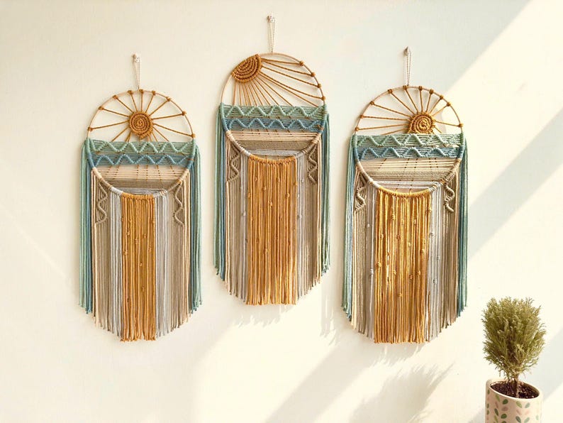 Macrame Dreamcatcher Wall Hanging, Sunrise Sunset Boho Ocean Decor, Natural Cotton, 12" x 26"