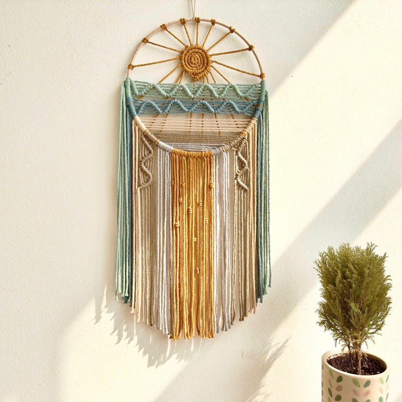 Macrame Dreamcatcher Wall Hanging, Sunrise Sunset Boho Ocean Decor, Natural Cotton, 12" x 26"