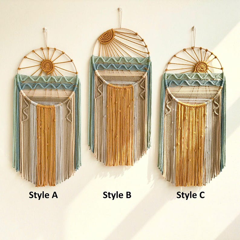 Macrame Dreamcatcher Wall Hanging, Sunrise Sunset Boho Ocean Decor, Natural Cotton, 12" x 26"