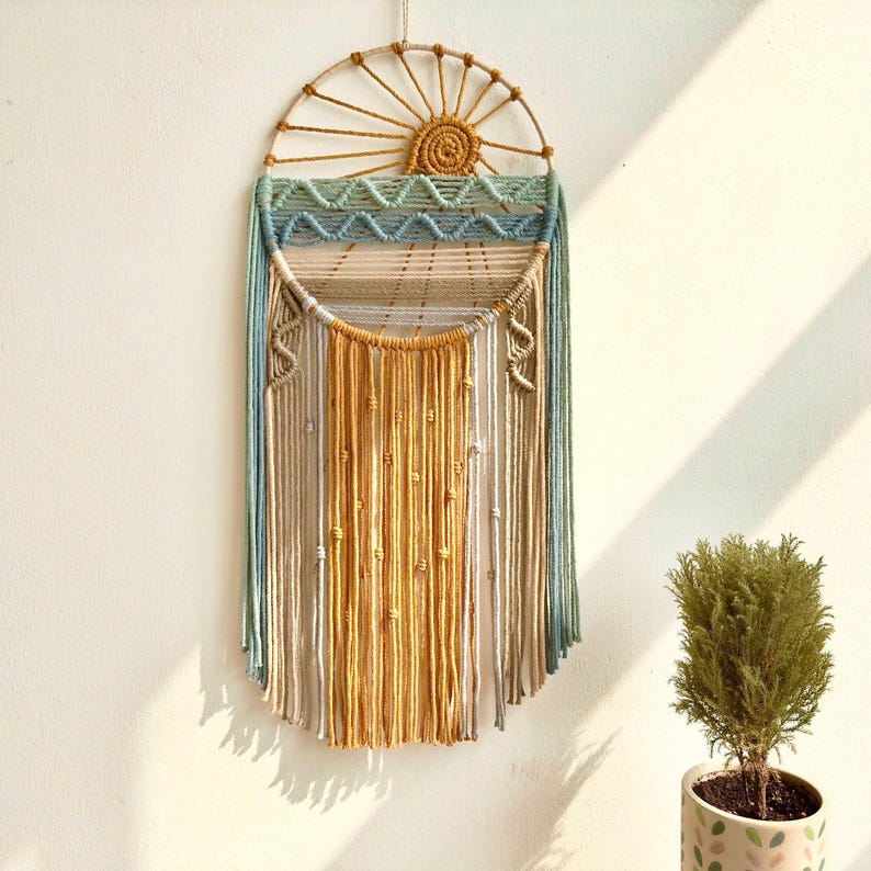 Macrame Dreamcatcher Wall Hanging, Sunrise Sunset Boho Ocean Decor, Natural Cotton, 12" x 26"