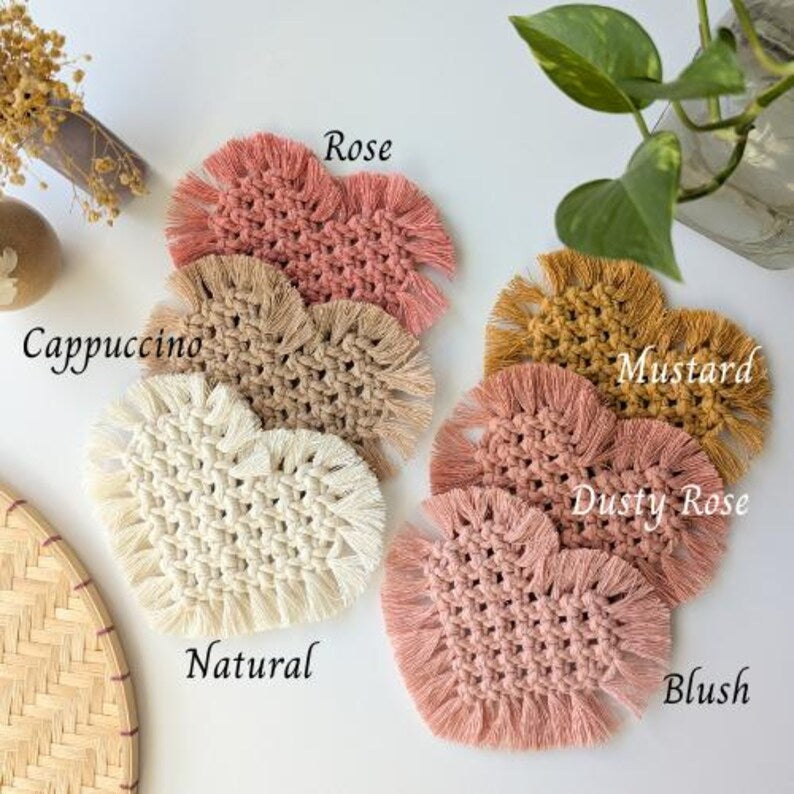 Macrame Heart Coasters Set of 2, Handmade Cotton Farmhouse Decor, Plant Mat, Candle Placemat