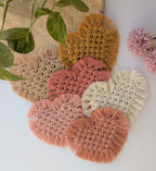 Macrame Heart Coasters Set of 2, Handmade Cotton Farmhouse Decor, Plant Mat, Candle Placemat