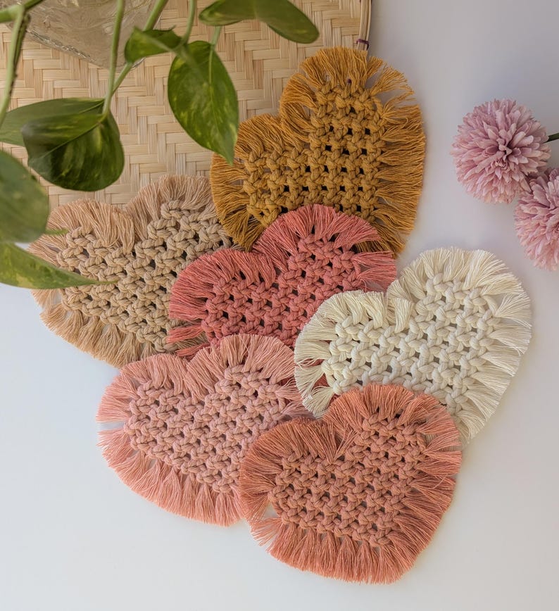 Macrame Heart Coasters Set of 2, Handmade Cotton Farmhouse Decor, Plant Mat, Candle Placemat