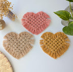 Macrame Heart Coasters Set of 2, Handmade Cotton Farmhouse Decor, Plant Mat, Candle Placemat
